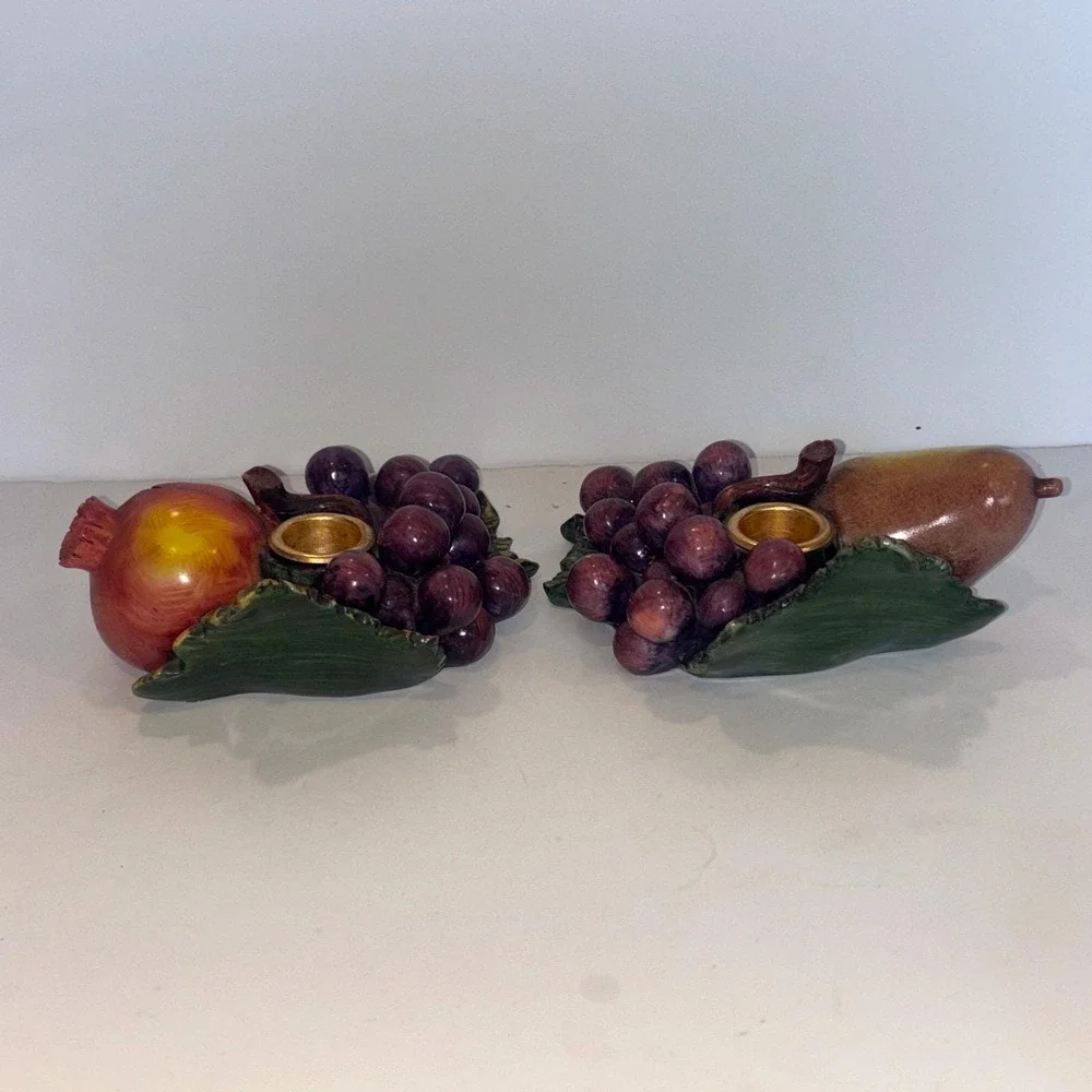 Vintage Hand Painted Fruit Candlestick Holders Pomegranate & Pear Grapes Set